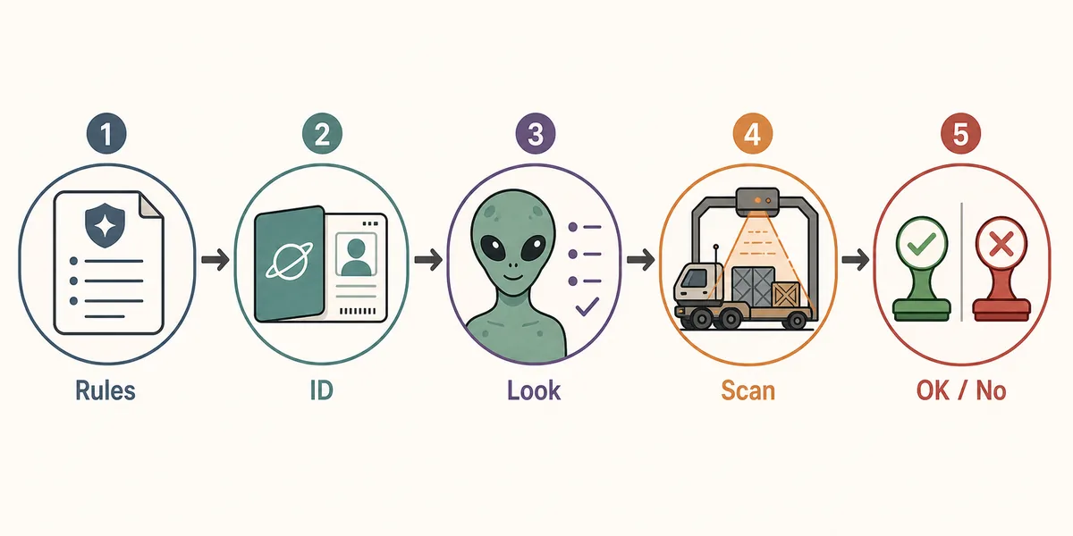 Editorial step-flow diagram for XenoFeels rule, ID, alien, vehicle, and decision checks