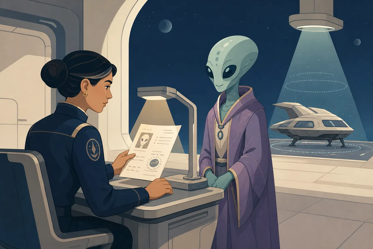 Editorial illustration of a XenoFeels-style alien checkpoint with document and vehicle inspection cues