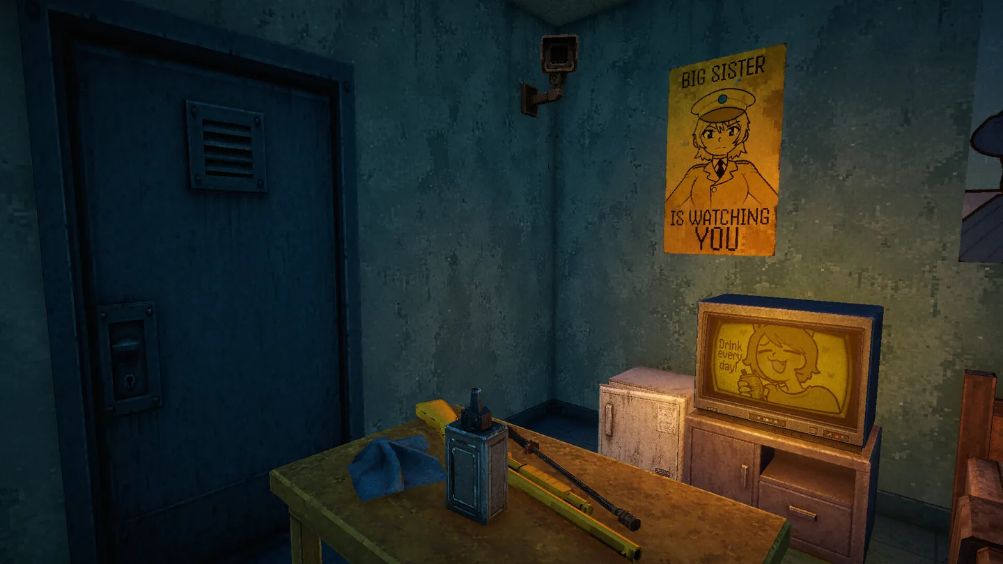 Official XenoFeels checkpoint room with surveillance camera, uniformed woman poster, television, radio, and shotgun
