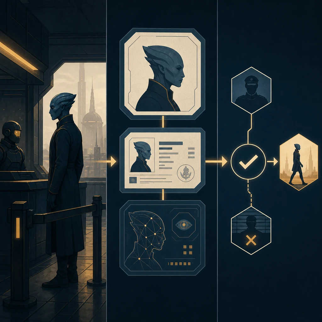 Editorial illustration showing a sci-fi checkpoint visitor, document comparison, and evidence-based decision path