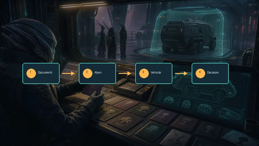 Editorial XenoFeels inspection flow diagram with document, alien, vehicle, and decision checkpoints