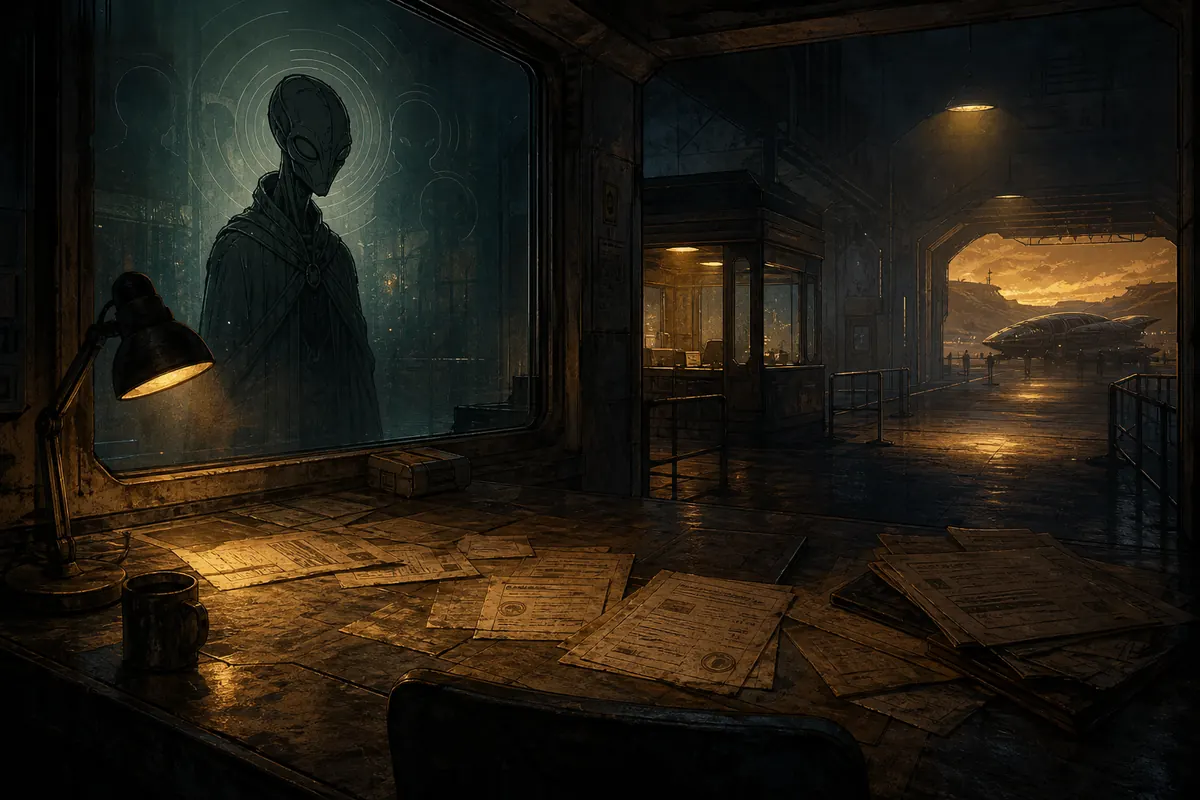 Editorial concept illustration of an alien customs checkpoint for the XenoFeels lore guide