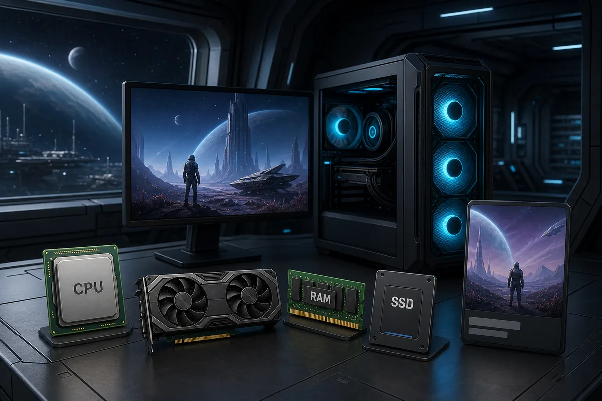 Editorial XenoFeels system requirements visual with PC hardware, monitor, CPU, GPU, RAM, and SSD symbols
